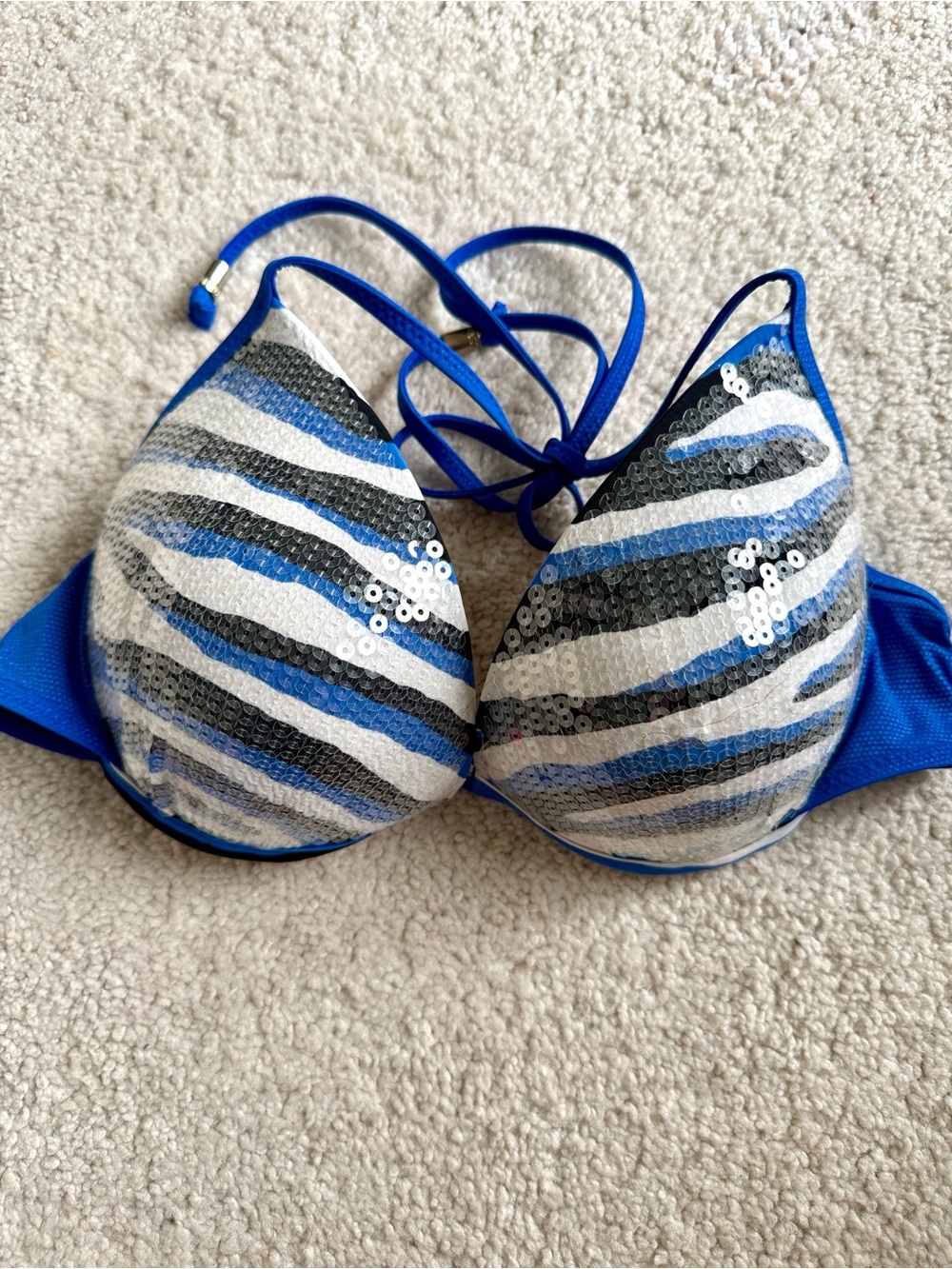 PINK Victoria's Secret Blue White Black Sequin Stripe Bikini Top